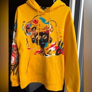 Forever 21 Mustard Yellow Graphic Hoodie with Teal and Red Accents